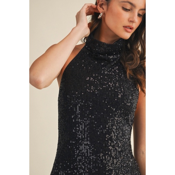 Black Sparkling Sequin Drape Halter Backless Holiday Cocktail Party Mini Dress - Picture 3 of 6